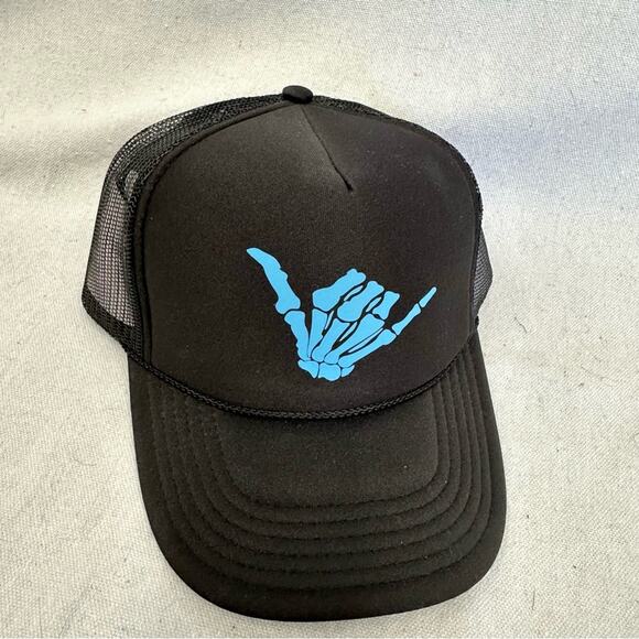 Otto black/blue skeleton hang loose Shaka graphic mesh trucker Snapback hat NWOT main image 10